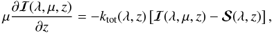 \begin{eqnarray} \mu \frac{{\partial {\bm{\mathcal I}}(\lambda, \mu, z)} }{\partial z}= -k_{\rm tot}(\lambda, z) \left[{\bm{\mathcal I}}(\lambda, \mu, z) - {\bm{\mathcal S}}(\lambda, z)\right], \label{transfer} \end{eqnarray}