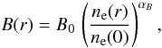 \begin{equation} \label{eq:B} B(r) = B_{0} \,\left(\frac{n_{\rmn{e}}(r)}{n_{\rmn{e}}(0)}\right)^{\alpha_{B}}, \end{equation}