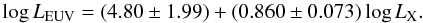 \begin{equation} \log L_{\rm EUV} = (4.80 \pm 1.99) + (0.860 \pm 0.073) \log L_{\rm X}. \end{equation}