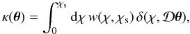 \begin{equation} \kappa(\vtheta) = \int_0^{\chi_{\rm s}} \dd\chi \, w(\chi,\chi_{\rm s}) \, \delta(\chi,\cD\vtheta) , \label{kappa-def} \end{equation}