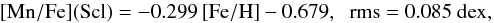 \begin{equation*} \mathrm{[Mn/Fe](Scl)} = -0.299\, \mathrm{[Fe/H]} - 0.679\mathrm{,}~~~\mathrm{rms} =0.085 ~\mathrm{dex,} \end{equation*}
