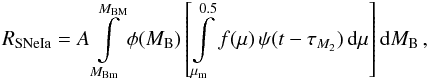 \begin{equation} R_{\rm SNe Ia}=A\int\limits^{M_{\rm BM}}_{M_{\rm Bm}}\phi(M_{\rm B}) \left[\int\limits^{0.5}_{\mu_{\rm m}}f(\mu)\,\psi(t-\tau_{M_{2}})\,{\rm d}\mu\right] {\rm d}M_{\rm B}\,\mathrm{,} \end{equation}