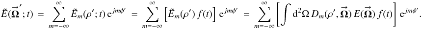 \appendix \setcounter{section}{1} % subequation 2670 1 \begin{equation} \label{Eq:TelResponse3} \tilde{E}(\vecbf{\Omega}^{\prime};t) \, = \, \sum_{m=-\infty}^{\infty} \tilde{E}_{m}(\rho^{\prime};t) \, {\rm e}^{jm \phi^{\prime}} \, = \, \sum_{m=-\infty}^{\infty} \left[ \tilde{E}_{m}(\rho^{\prime}) \, f(t) \right] \, {\rm e}^{jm \phi^{\prime}} \, = \, \sum_{m=-\infty}^{\infty} \left[ \int {\rm d}^{2}\Omega \, D_{m}(\rho^{\prime},\vecbf{\Omega}) \, E(\vecbf{\Omega}) \, f(t) \right] \, {\rm e}^{jm \phi^{\prime}} . ~~~~~~ \end{equation}