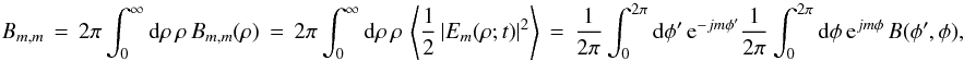 \appendix \setcounter{section}{1} % subequation 2829 0 \begin{equation} \label{Eq:A.3a} B_{m,m} \, = \, 2\pi \int_{0}^{\infty} {\rm d}\rho \, \rho \, B_{m,m}(\rho) \, = \, 2\pi \int_{0}^{\infty} {\rm d}\rho \, \rho \, \left< \frac{1}{2} \left| E_{m}(\rho;t) \right|^{2} \right> \, = \, \frac{1}{2\pi} \int_{0}^{2\pi} {\rm d}\phi^{\prime} \, {\rm e}^{-j m \phi^{\prime}} \frac{1}{2\pi} \int_{0}^{2\pi} {\rm d}\phi \, {\rm e}^{j m \phi} \, B(\phi^{\prime},\phi) , \end{equation}