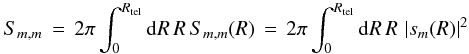 \appendix \setcounter{section}{3} % subequation 3302 1 \begin{equation} \label{Eq:SMM} S_{m,m} \, = \, 2\pi \int_{0}^{R_{\rm tel}} {\rm d}R \, R \, S_{m,m}(R) \, = \, 2\pi \int_{0}^{R_{\rm tel}} {\rm d}R \, R \, \left| s_{m}(R) \right|^{2} \end{equation}