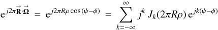 \appendix \setcounter{section}{4} % subequation 3676 0 \begin{equation} \label{Eq:JExp} {\rm e}^{j 2\pi \vecbf{R} \cdot \vecbf{\Omega}} \, = \, {\rm e}^{j 2\pi R \rho \cos{(\psi - \phi)}} \, = \, \sum_{k=-\infty}^{\infty} j^{k} \, J_{k}(2\pi R \rho) \, {\rm e}^{j k (\psi-\phi)} \end{equation}