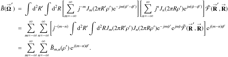 \appendix \setcounter{section}{4} % subequation 3676 1 \begin{eqnarray} \label{Eq:IntResponse3} \tilde{B}(\vecbf{\Omega}^{\prime}) &= &\int {\rm d}^{2}R^{\prime} \int {\rm d}^{2}R \left[ \sum_{m=-\infty}^{\infty} j^{-m} J_{m}(2\pi R^{\prime} \rho^{\prime}) {\rm e}^{-j m (\psi^{\prime} - \phi^{\prime})} \right] \left[ \sum_{n=-\infty}^{\infty} j^{n} J_{n}(2\pi R \rho^{\prime}) {\rm e}^{j n (\psi - \phi^{\prime})} \right] \tilde{\mathcal{F}}(\vecbf{R}^{\prime},\vecbf{R}) \nonumber \\ &= &\sum_{m=-\infty}^{\infty} \sum_{n=-\infty}^{\infty} \left[ j^{-(m-n)} \int {\rm d}^{2}R^{\prime} \int {\rm d}^{2}R J_{m}(2\pi R^{\prime} \rho^{\prime}) J_{n}(2\pi R \rho^{\prime}) {\rm e}^{-j m \psi^{\prime}} {\rm e}^{j n \psi} \tilde{\mathcal{F}}(\vecbf{R}^{\prime},\vecbf{R}) \right] {\rm e}^{j (m-n) \phi^{\prime}} \nonumber \\ &= &\sum_{m=-\infty}^{\infty} \sum_{n=-\infty}^{\infty} \tilde{B}_{m,n}(\rho^{\prime}) \, {\rm e}^{j (m-n) \phi^{\prime}} . \end{eqnarray}