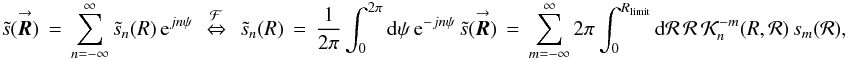 \appendix \setcounter{section}{5} % subequation 3891 0 \begin{equation} \label{Eq:InterpPOAM} \tilde{s}(\vecbf{\boldsymbol{R}}) \, = \, \sum_{n=-\infty}^{\infty} \tilde{s}_{n}(R) \, {\rm e}^{jn\psi} ~~ \stackrel{\mathcal{F}}{\Leftrightarrow} ~~ \tilde{s}_{n}(R) \, = \, \frac{1}{2\pi} \int_{0}^{2\pi} {\rm d}\psi \, {\rm e}^{-jn\psi} \, \tilde{s}(\vecbf{\boldsymbol{R}}) \, = \, \sum_{m=-\infty}^{\infty} 2\pi \int_{0}^{R_{\rm limit}} {\rm d}\mathcal{R} \, \mathcal{R} \, \mathcal{K}^{-m}_{n}(R,\mathcal{R}) \, s_{m}(\mathcal{R}) , \end{equation}