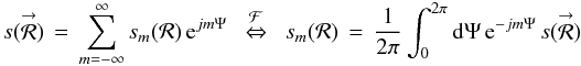 \appendix \setcounter{section}{5} % subequation 3891 2 \begin{equation} \label{Eq:InterpPOAM2} s(\vecbf{\mathcal{R}}) \, = \, \sum_{m=-\infty}^{\infty} s_{m}(\mathcal{R}) \, {\rm e}^{jm\Psi} ~~ \stackrel{\mathcal{F}}{\Leftrightarrow} ~~ s_{m}(\mathcal{R}) \, = \, \frac{1}{2\pi} \int_{0}^{2\pi} {\rm d}\Psi \, {\rm e}^{-jm\Psi} \, s(\vecbf{\mathcal{R}}) \end{equation}