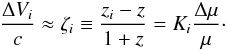 \begin{equation} \frac{\Delta V_i}{c} \approx \zeta_i \equiv \frac{z_i - z}{1+z} = K_i \frac{\Delta\mu}{\mu}\cdot \label{eq_LBLFM} \end{equation}