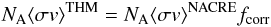 \begin{eqnarray} N_{\rm A}\langle \sigma v\rangle^{\rm THM}=N_{\rm A}\langle \sigma v\rangle^{\rm NACRE} f_{\rm corr} \label{ratethm} \end{eqnarray}
