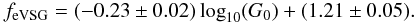 \begin{eqnarray} f_{\rm eVSG} = (-0.23 \pm 0.02) \log_{10}(G_0)+(1.21\pm0.05). \label{eq:fc} \end{eqnarray}