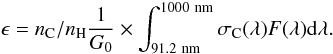\appendix \setcounter{section}{1} \begin{equation} \label{eq:eps} \epsilon = n_{\rm C}/n_{\rm H} \frac{1}{G_0} \times \int_{91.2~{\rm nm}}^{1000~{\rm nm}}\sigma_{\rm C}(\lambda)F(\lambda){\rm d} \lambda. \end{equation}
