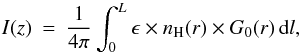 \appendix \setcounter{section}{1} \begin{eqnarray} \label{eq:intensity} I(z) & = &\frac{1}{4\pi} \int_{0}^{L} \epsilon \times n_{\rm H}(r) \times G_0 (r) \,{\rm d}l, \nonumber \end{eqnarray}
