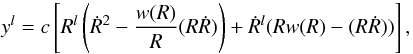 \begin{equation} y^{l} =c \left[R^{l}\left(\dot{R}^{2}-\frac{w(R)}{R}(R\dot{R})\right)+\dot{R}^{l}(Rw(R)-(R\dot{R}))\right], \label{BH8} \end{equation}