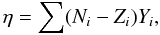 \begin{equation} \label{eq4} \eta = \sum (N_i - Z_i) Y_i, \end{equation}