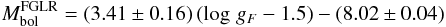 \begin{equation} M_{\mathrm{bol}}^{\mathrm{FGLR}}=(3.41\pm0.16)\,(\log\,g_{F}-1.5)-(8.02\pm0.04) \label{Eq:log_gf} \end{equation}
