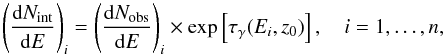 \begin{equation} \left(\Diff{N_\mathrm{int}}{E}\right)_i = \left(\Diff{N_\mathrm{obs}}{E}\right)_i \times \exp\left[{\tau_\gamma(E_i,z_0)}\label{eqn:deabs}\right], \quad i = 1,\ldots,n, \end{equation}