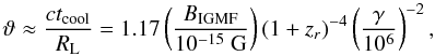 \begin{equation} \vartheta\approx \frac{ct_\mathrm{cool}}{R_\mathrm{L}} = 1.17\left(\frac{B_\mathrm{IGMF}}{10^{-15}\unit{G}}\right)(1+z_r)^{-4}\left(\frac{\gamma}{10^6}\right)^{-2}, \label{eqn:defl} \end{equation}