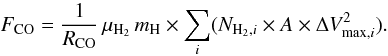 \begin{equation} L_{\rm{kin}}=\frac{1}{2 R_{\rm CO}} \,\mu_{\mathrm{H_{2}}} \, m_{\rm H} \times \sum_{i} (N_{{\rm H_{2}},i} \times A \times \Delta V_{{\rm max},i}^{3}) \end{equation}