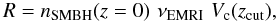 \begin{equation} \label{eq:appr} R=n_{\rm SMBH}(z=0)\,\,\nu_{\rm EMRI}\,\,V_{\rm c}(z_{\rm cut}), \end{equation}