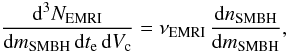 \begin{equation} \label{eq:merg} \frac{{\rm d}^3N_{\rm EMRI}}{{\rm d}m_{\rm SMBH}\,{\rm d}t_{\rm e}\,{\rm d}V_{\rm c}}=\nu_{\rm EMRI}\,\frac{{\rm d}n_{\rm SMBH}}{{\rm d}m_{\rm SMBH}}, \end{equation}