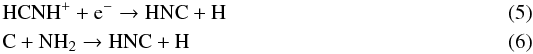 \begin{eqnarray} \label{reac-hcnh+_e-}&&\rm HCNH^+ + e^- \rightarrow HNC + H \\ \label{reac-c_nh2}&&\rm C + NH_2 \rightarrow HNC + H \end{eqnarray}