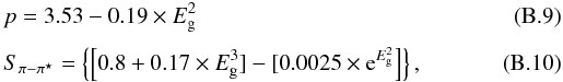 \appendix \setcounter{section}{2} \begin{eqnarray} &&p = 3.53 - 0.19 \times E_{\rm g}^2 \label{eq_NR_power_law} \\[1mm] &&S_{\pi-\pi^\star} = \left\{ \left[0.8 + 0.17 \times E_{\rm g}^3] - [0.0025 \times {\rm e}^{E_{\rm g}^2}\right] \right \}, \label{eq_normalisation_factor} \end{eqnarray}