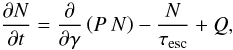 \begin{equation} \frac{\partial N}{\partial t}=\frac{\partial}{\partial \gamma}\left(P\:N \right)-\frac{N}{\tau_{\rm esc}}+Q, \end{equation}