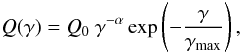 \begin{equation} Q(\gamma)=Q_{0}\:\gamma^{-\alpha}\exp\left(-\frac{\gamma}{\gamma_{\rm max}}\right), \end{equation}