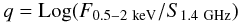 \begin{equation} \label{eq:q} q = \Log ( F_{0.5-2~\mathrm{keV}} / \sradio ) \end{equation}