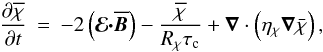 \begin{eqnarray} \frac{\partial\overline{\chi}}{\partial t} & = & -2\left(\boldsymbol{\mathcal{E}\cdot}\overline{\vec{B}}\right)-\frac{\overline{\chi}}{R_{\chi}\tau_{\rm c}}+\boldsymbol{\nabla}\cdot\left(\eta_{\chi}\boldsymbol{\nabla}\bar{\chi}\right),\label{eq:hel} \end{eqnarray}