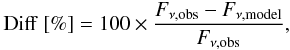 \begin{eqnarray} \mathrm{Diff~[\%]} = 100 \times \frac{F_{\nu, \mathrm{obs}} - F_{\nu, \mathrm{model}}}{F_{\nu, \mathrm{obs}}}, \end{eqnarray}