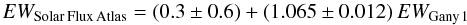 \begin{equation} EW_{\rm Solar\,Flux\,Atlas} = (0.3 \pm 0.6) + (1.065 \pm 0.012)\,EW_{\rm Gany\,1} \label{fit1} \end{equation}