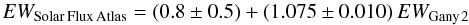 \begin{equation} EW_{\rm Solar\,Flux\,Atlas} = (0.8 \pm 0.5) + (1.075 \pm 0.010)\,EW_{\rm Gany\,2} \label{fit2} \end{equation}