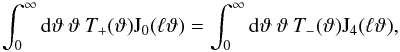 \begin{equation} \label{T} \int_0^{\infty}\mathrm{d}\vartheta\:\vartheta\:T_+(\vartheta) \mathrm{J}_0(\ell\vartheta)= \int_0^{\infty}\mathrm{d}\vartheta\:\vartheta\:T_-(\vartheta) \mathrm{J}_4(\ell\vartheta), \end{equation}