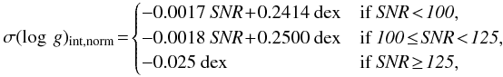 \begin{equation*} \sigma(\log \ g)_{\rm int,norm}\!=\! \begin{cases} -0.0017 {\it ~SNR} \!+\! 0.2414 \text{~dex} & \text{if }\it SNR \!<\! 100,\\ -0.0018 {\it ~SNR} \!+\! 0.2500 \text{~dex} & \text{if }\it 100 \!\leq\! SNR \!<\! 125,\\ -0.025 \text{~dex} & \text{if }\it SNR \!\geq\! 125,\\ \end{cases}\\ \end{equation*}