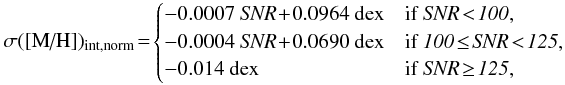 \begin{equation*} \sigma(\text{[M/H]})_{\rm int,norm}\!=\! \begin{cases} -0.0007 {\it ~SNR} \!+\! 0.0964 \text{~dex} & \text{if }\it SNR \!<\! 100,\\ -0.0004 {\it ~SNR} \!+\! 0.0690 \text{~dex} & \text{if }\it 100 \!\leq\! SNR \!<\! 125,\\ -0.014 \text{~dex} & \text{if }\it SNR \!\geq\! 125,\\ \end{cases}\\ \end{equation*}