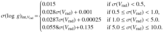 \begin{equation*} \sigma(\log \ g)_{{\rm int},{V}_{\rm rad}}\!=\! \begin{cases} 0.015 & \text{if }\sigma({V}_{\rm rad}) < 0.5, \\ 0.028 \sigma({V}_{\rm rad}) + 0.001 &\text{if }0.5 \leq \sigma({V}_{\rm rad}) < 1.0, \\ 0.0287 \sigma({V}_{\rm rad}) + 0.00025 &\text{if }1.0 \leq \sigma({V}_{\rm rad}) < 5.0. \\ 0.0558 \sigma({V}_{\rm rad}) \!+\! 0.135 &\text{if }5.0 \leq \sigma({V}_{\rm rad}) \leq 10.0. \end{cases} \end{equation*}