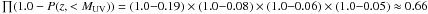 \hbox{$\prod (1.0-P(z,<M_{\rm UV}))=(1.0{-}0.19)\times(1.0{-}0.08)\times(1.0{-}0.06)\times(1.0{-}0.05)\approx0.66$}