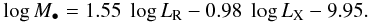 $$ \log M_{\bullet}=1.55\;\log L_{\rm R}-0.98\;\log L_{\rm X}-9.95 . $$