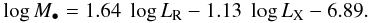 $$ \log M_{\bullet}=1.64\;\log L_{\rm R}-1.13\;\log L_{\rm X}-6.89 . $$