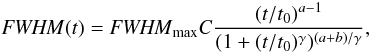 \begin{equation} \label{eq_fwhmcolumn} \FWHMEQ(t) = \FWHMEQ_{\rm max} C \frac{(t/t_0)^{a-1}}{(1+(t/t_0)^\gamma)^{(a+b)/\gamma}}, \end{equation}