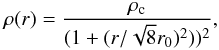 \begin{equation} \label{eq_densityprofile} \rho(r) = \frac{\rho_{\rm c}}{(1+ (r/\sqrt{8}r_0)^2) )^2}, \end{equation}