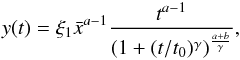\appendix \setcounter{section}{4} \begin{equation} y(t) = \xi_1\bar x^{a-1} \frac{t^{a-1}}{(1+(t/t_0)^\gamma)^{\frac{a+b}{\gamma}}}, \end{equation}