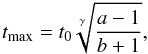 \appendix \setcounter{section}{4} \begin{equation} t_{\rm max}=t_0\sqrt[\gamma]{\frac{a-1}{b+1}}, \end{equation}
