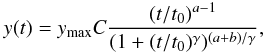 \appendix \setcounter{section}{4} \begin{equation} y(t) = y_{\rm max} C \frac{(t/t_0)^{a-1}}{(1+(t/t_0)^\gamma)^{(a+b)/\gamma}}, \end{equation}