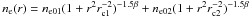 \hbox{$n_{\rm e}(r)=n_{\rm e01}(1+r^2 r_{\rm c1}^{-2})^{-1.5\beta}+n_{\rm e02}(1+r^2 r_{\rm c2}^{-2})^{-1.5\beta}$}