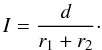 \begin{equation} I = \frac{d}{r_{\rm 1} + r_{\rm 2}}\cdot \label{eq:impactparameter} \end{equation}