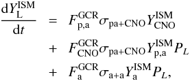 \begin{eqnarray} \frac{{\rm d}Y^{\rm ISM}_{\rm L}}{{\rm d}t} \ &=& \ F^{\rm GCR}_{\rm p,a}\sigma_{\rm pa+CNO}Y^{\rm ISM}_{\rm CNO} \nonumber \\ \label{eqsimple} &+& \ F^{\rm GCR}_{\rm CNO}\sigma_{\rm pa+CNO}Y^{\rm ISM}_{\rm p,a} P_L \nonumber \\ &+& \ F^{\rm GCR}_{\rm a}\sigma_{\rm a+a}Y^{\rm ISM}_{\rm a} P_L, \end{eqnarray}